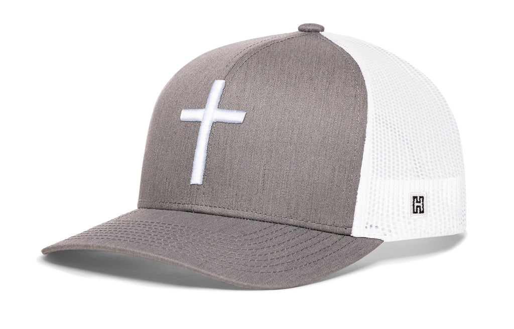 Gray cross trucker hat with white cross logo and white mesh back