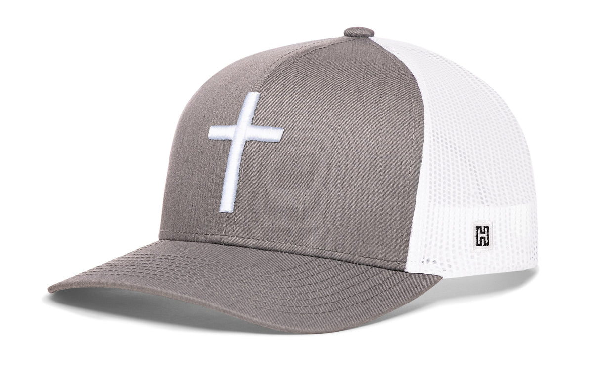 Gray cross trucker hat with white cross logo and white mesh back