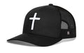Black cross trucker hat with white cross logo and black mesh back