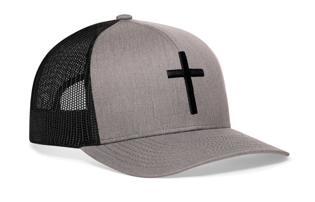 Gray cross trucker hat with black cross logo and black mesh side panels