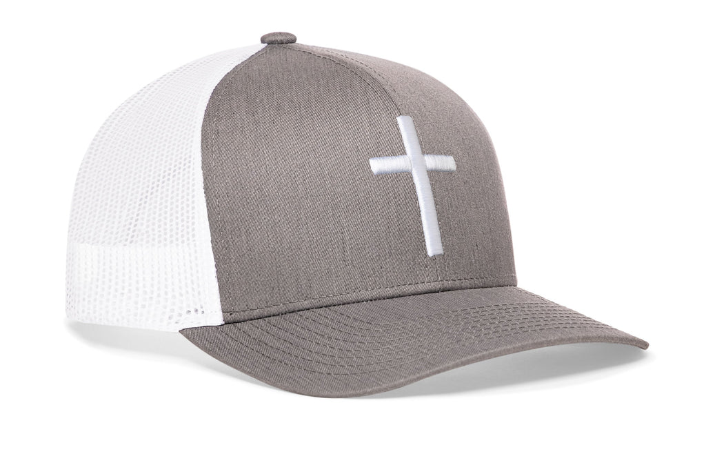Gray cross trucker hat with white cross logo and white mesh side panels