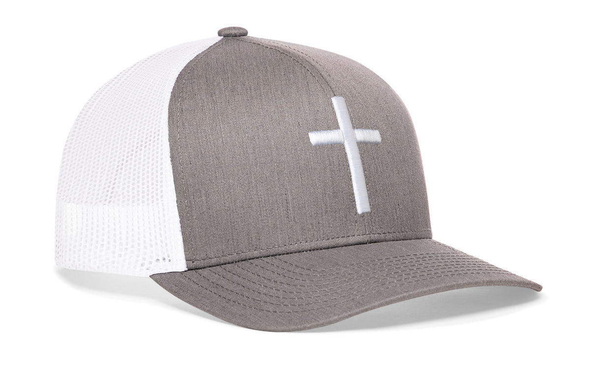Gray cross trucker hat with white cross logo and white mesh side panels