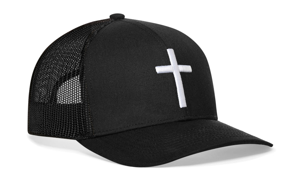 Black cross trucker hat with white cross on curved brim and black mesh back