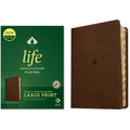 Large print study Bible with rustic brown leatherlike cover and embossed leaf emblem.