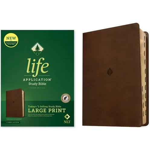 Large print study Bible with rustic brown leatherlike cover and embossed leaf emblem.