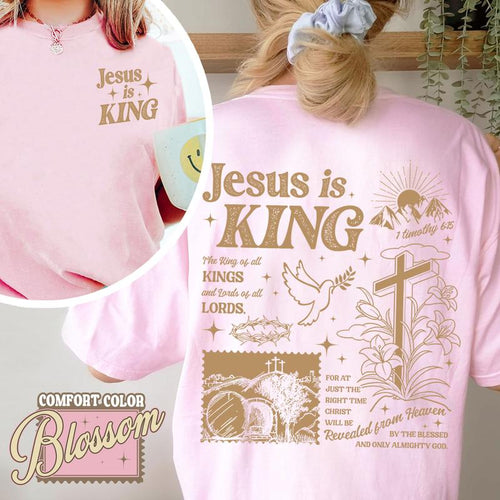 Blossom pink Christian T-shirt with 'Jesus is KING' front and back religious graphic