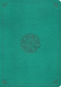 Turquoise leather Bible cover with central emblem design and corner ornaments