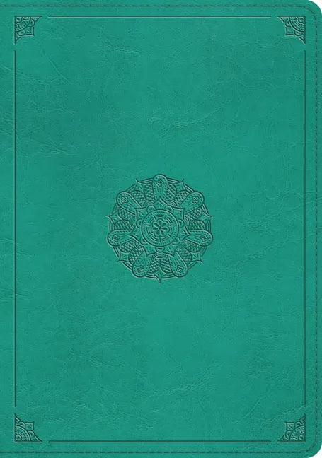 Turquoise leather Bible cover with central emblem design and corner ornaments