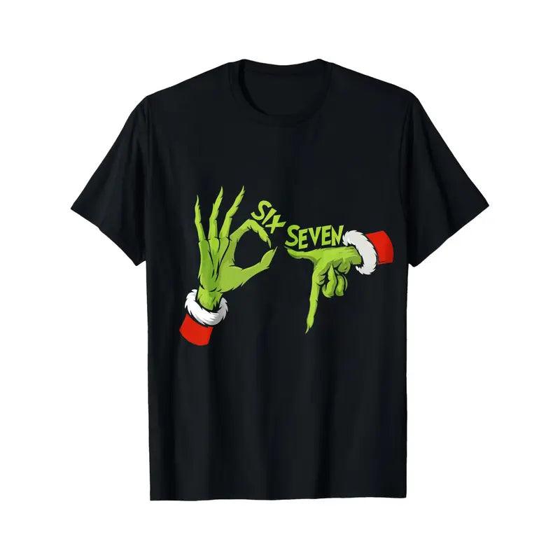 Black Christmas T-shirt with green hand graphic and 'Six Seven' print