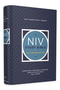 Hardcover NIV Study Bible with dark blue patterned cover and NIV logo front