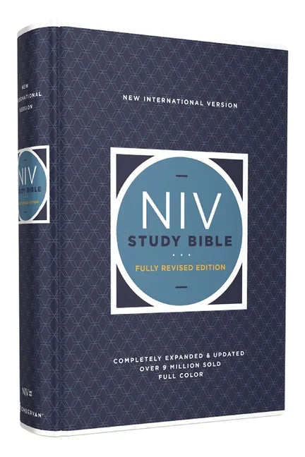 Hardcover NIV Study Bible with dark blue patterned cover and NIV logo front