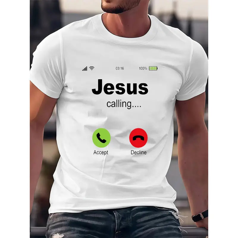 White Christian religious T-shirt with “Jesus calling…” and Accept/Decline icons