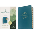 Teal blue leatherlike study bible with gold floral emblem on front cover