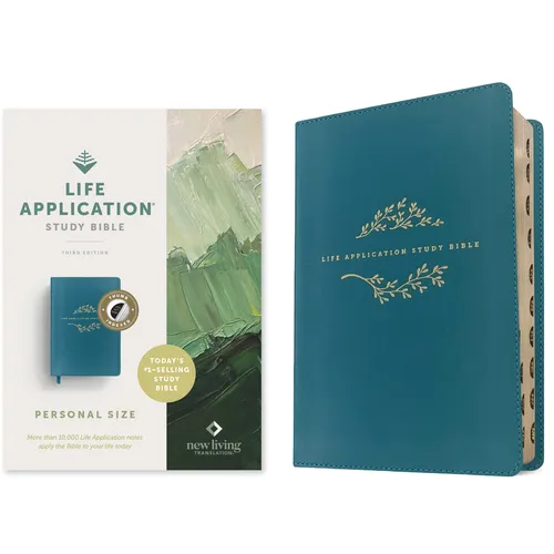 Teal blue leatherlike study bible with gold floral emblem on front cover