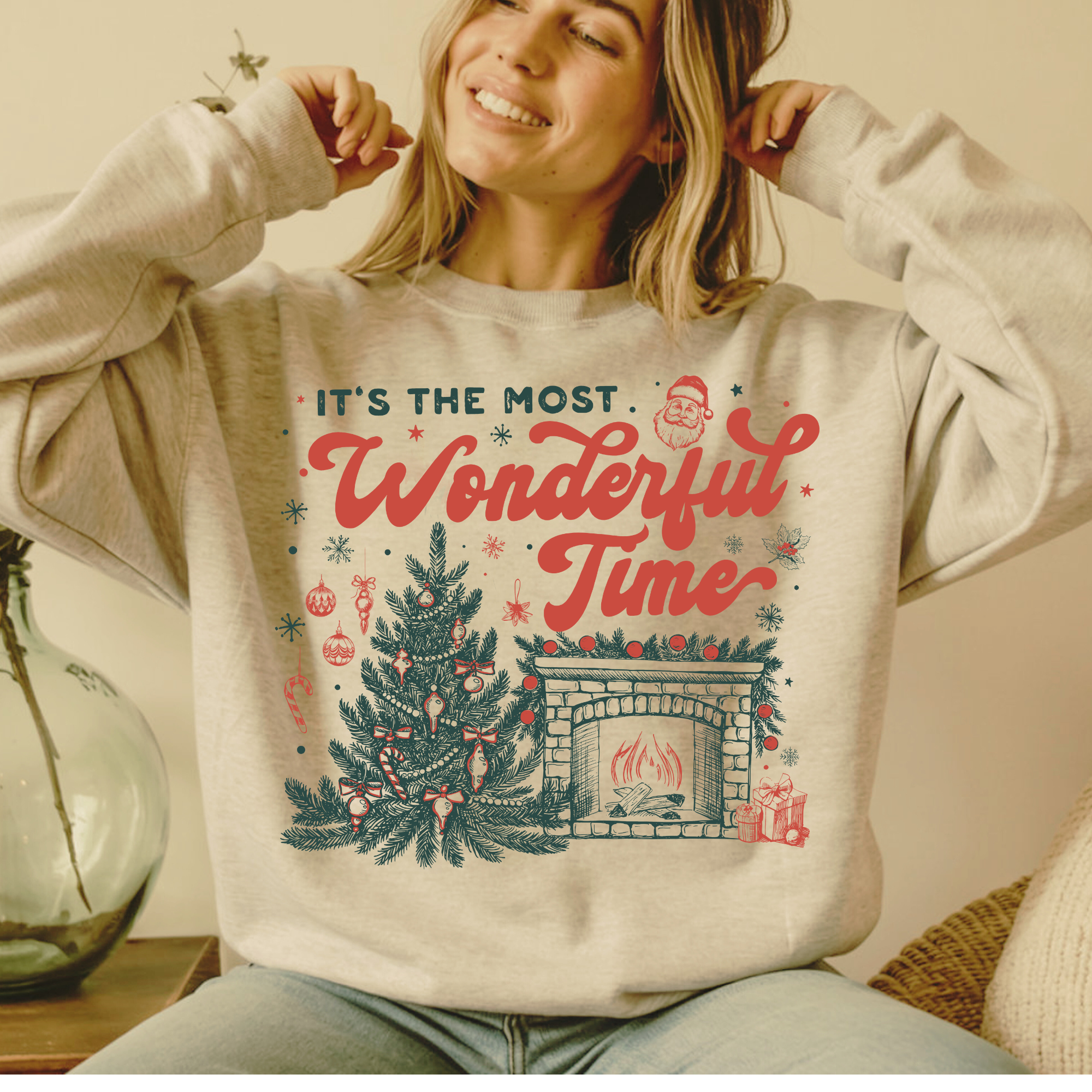 Light gray long-sleeve crewneck sweatshirt with Christmas graphic fireplace and tree