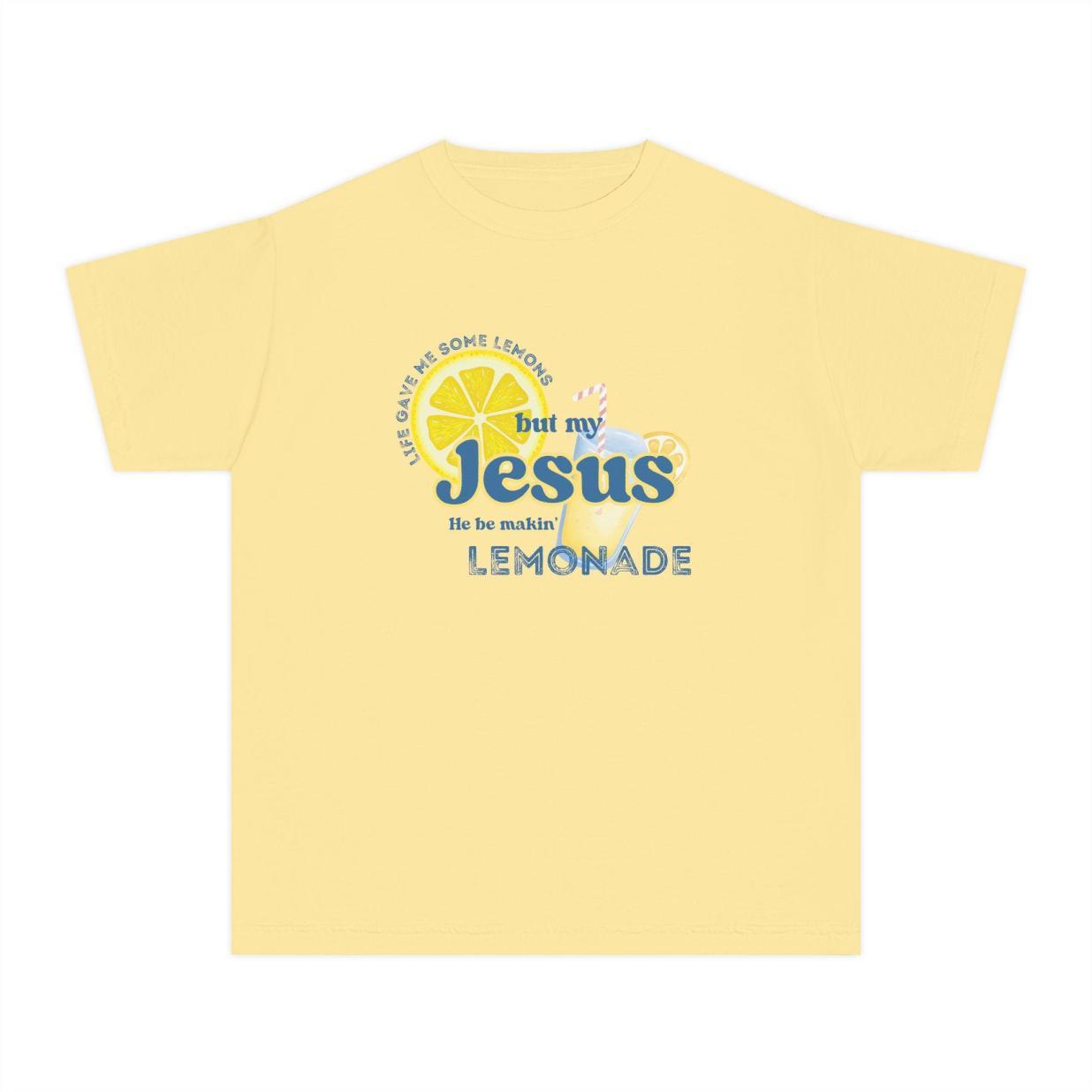Yellow T-shirt with “but my Jesus Lemonade” front graphic and lemon cross