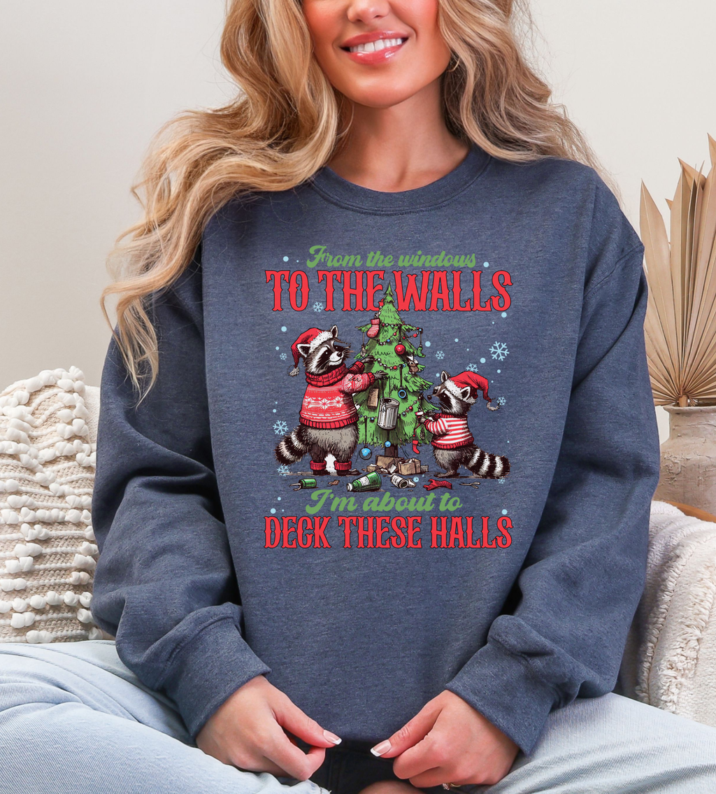Heather navy sweatshirt with front holiday mice and tree graphic