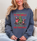 Heather navy sweatshirt with front holiday mice and tree graphic