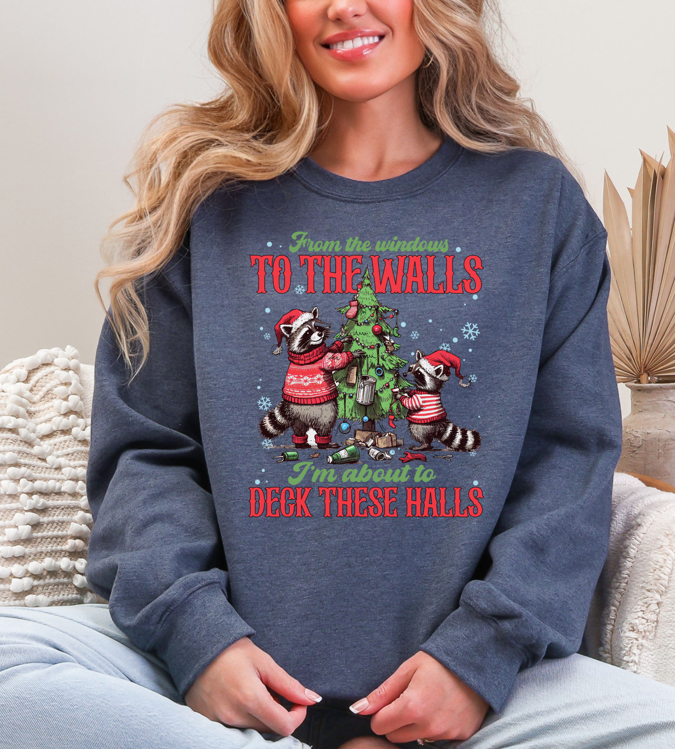 Heather navy sweatshirt with front holiday mice and tree graphic