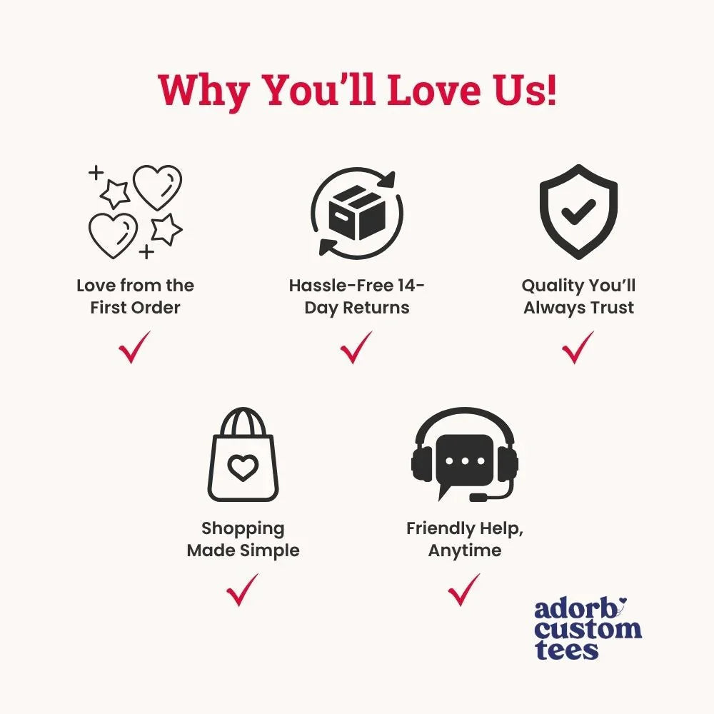 Adorbs Custom Tees Why You’ll Love Us benefits icons promo graphic