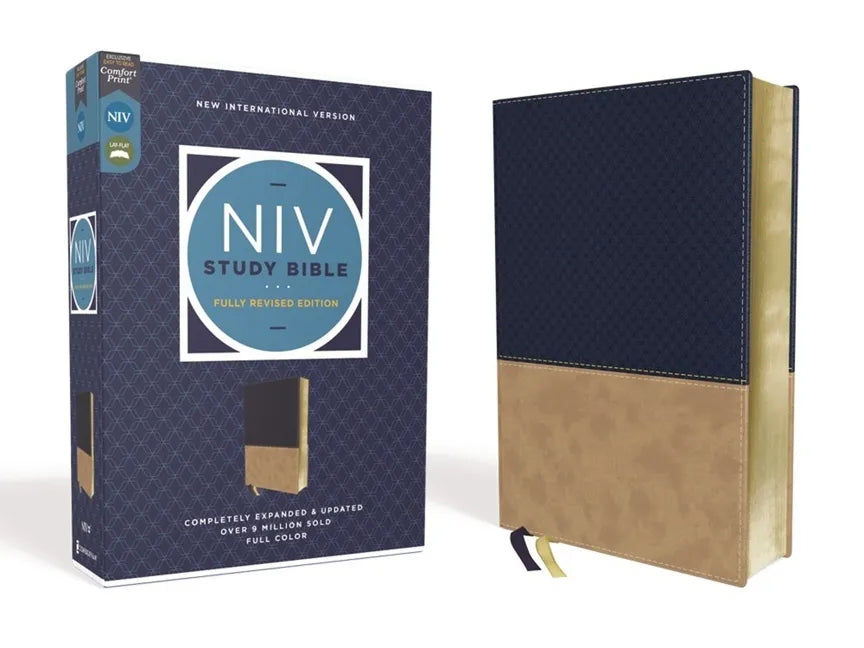 NIV Study Bible with navy and tan imitation leather cover, red letter text.