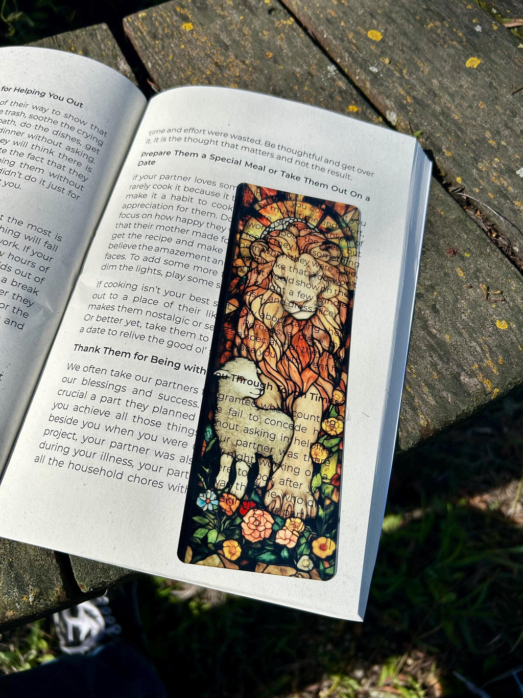 Colorful portrait bookmark with lion-and-lamb illustration, text behind