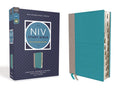 NIV Study Bible, teal leathersoft cover with NIV emblem and thumb index tabs