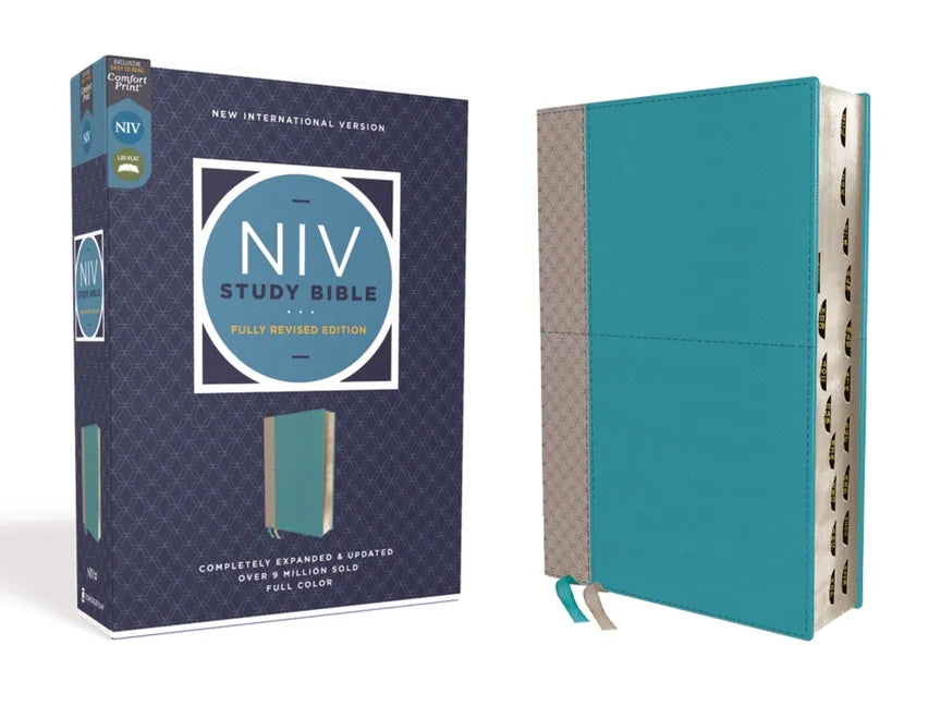 NIV Study Bible, teal leathersoft cover with NIV emblem and thumb index tabs