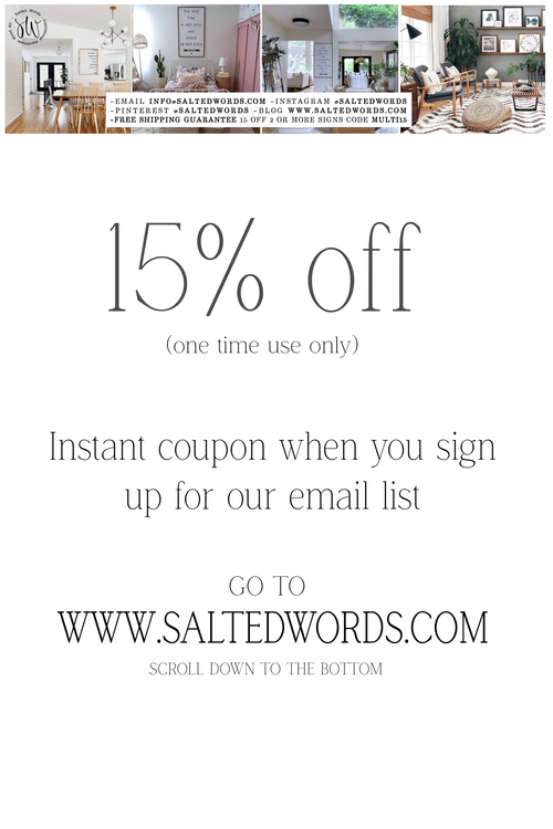 Email signup coupon flyer with '15% off' text and URL saltedwords.com
