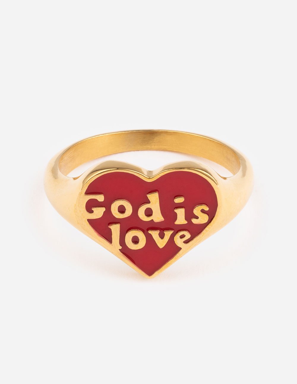 Gold-tone enamel ring with red heart enamel and gold “God is Love” text