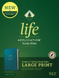 Teal blue leatherlike Life Application Study Bible, large print cover with NLT logo