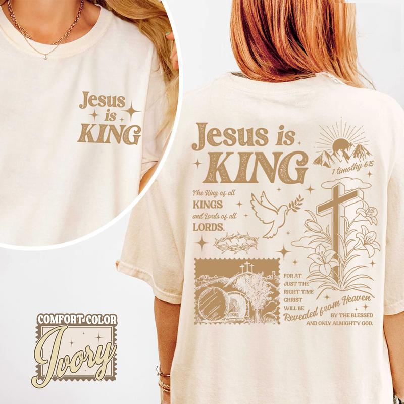 Ivory Christian T-shirt with 'Jesus is KING' gold back religious graphic, crew neck