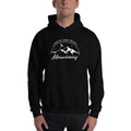 Black pullover hoodie with front pocket, hood, and mountain faith graphic