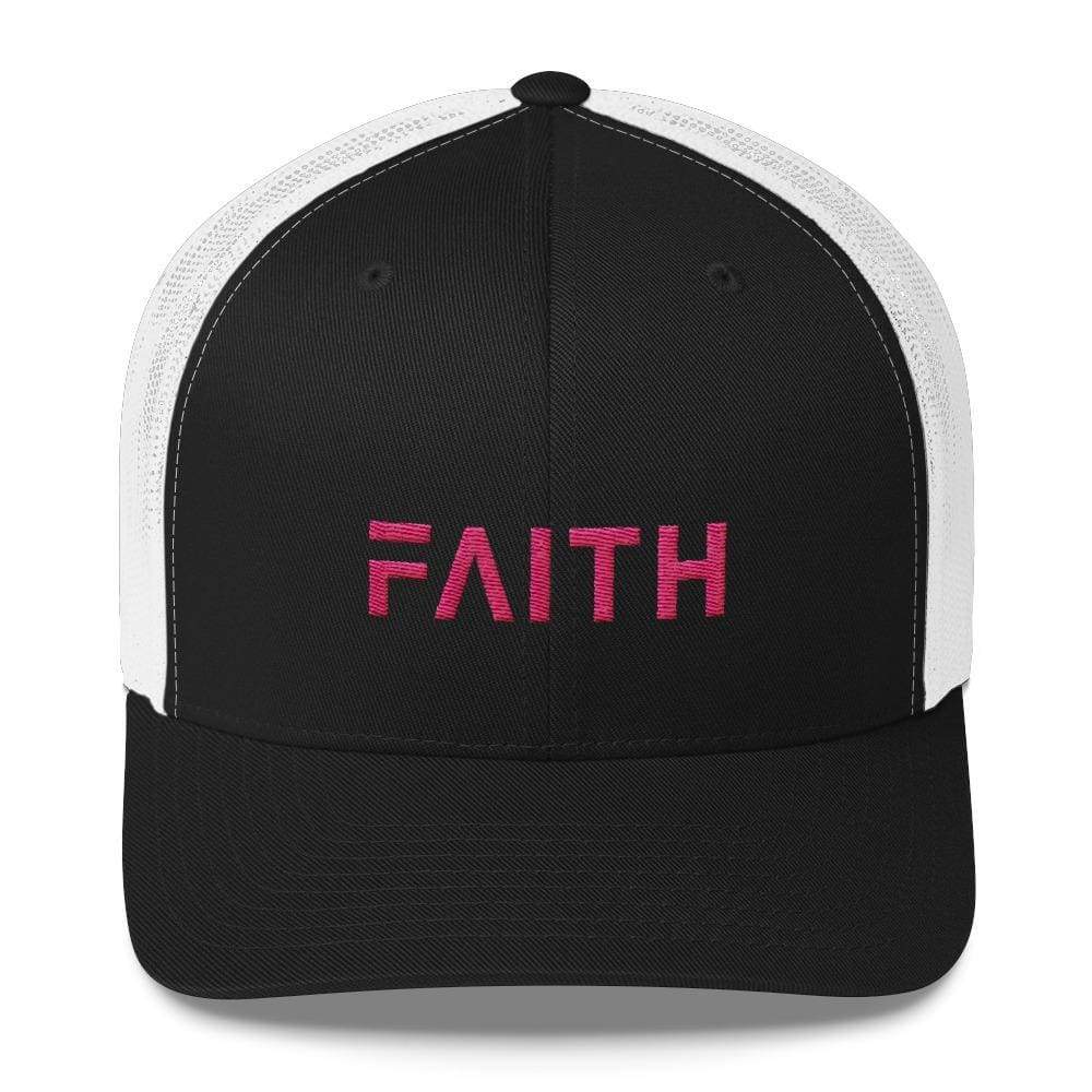 Black snapback trucker hat with pink embroidered FAITH text on front