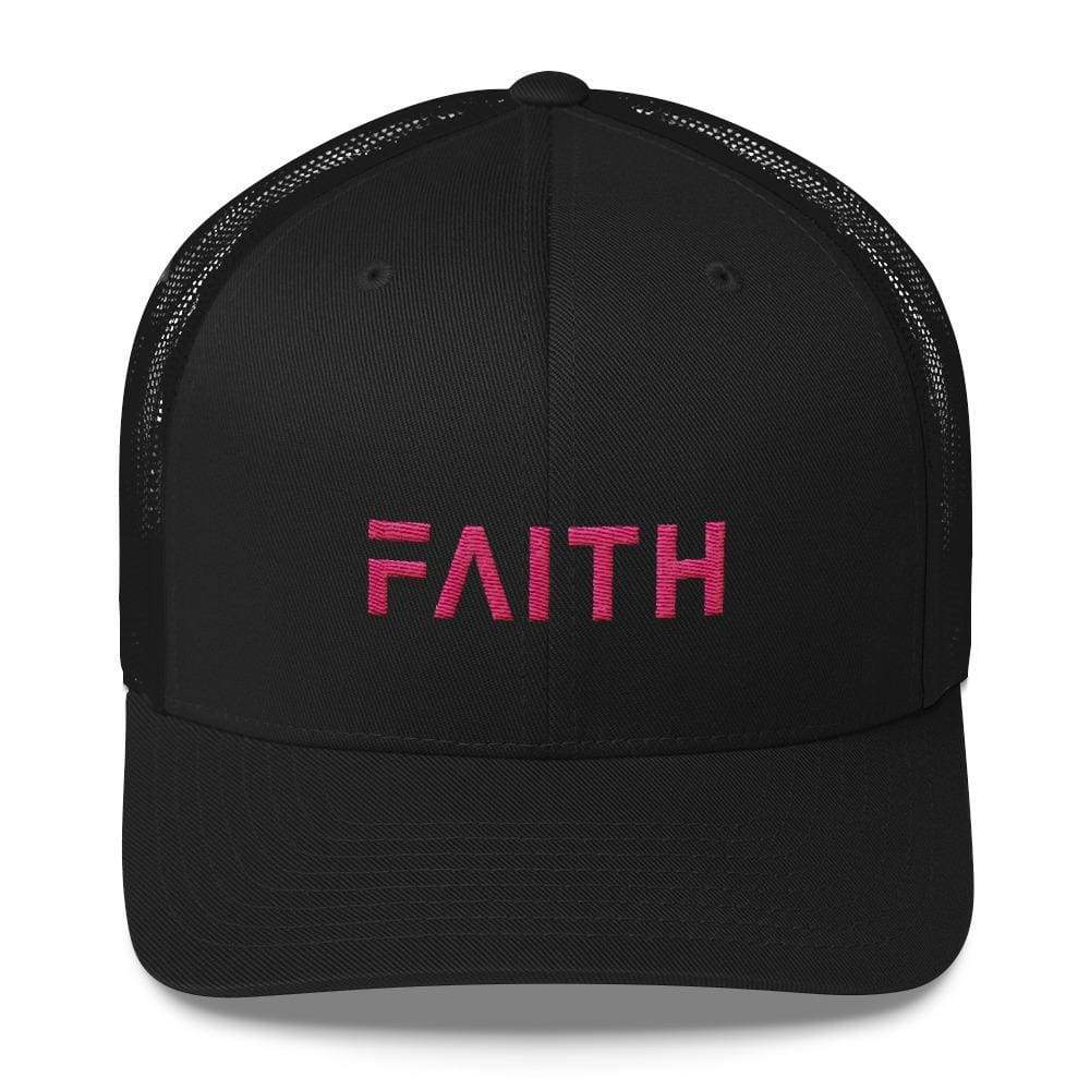 Black snapback trucker hat with pink FAITH embroidery on front mesh panels
