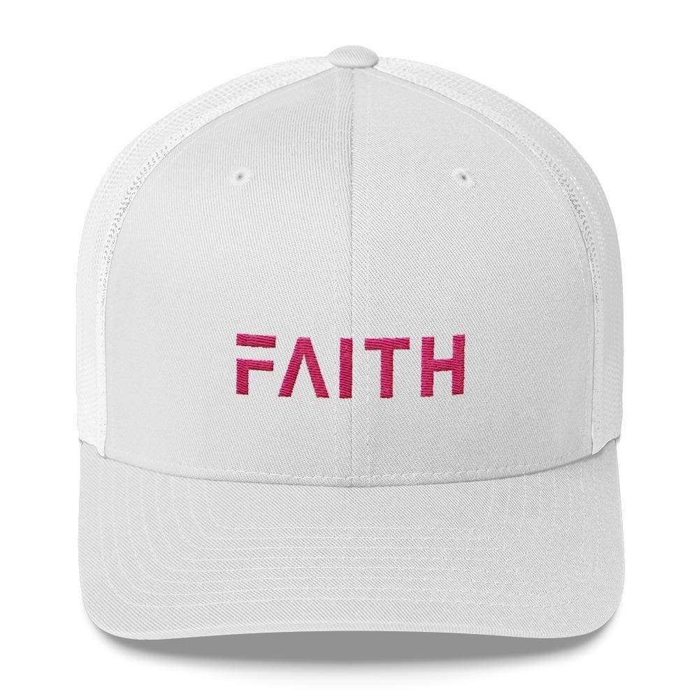 White snapback trucker hat with pink embroidered FAITH text on front