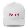 White snapback trucker hat with pink embroidered FAITH text on front