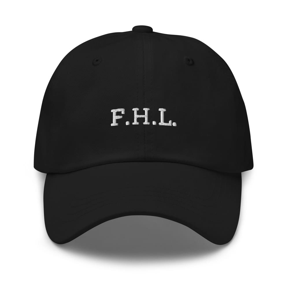Black baseball cap with embroidered “F.H.L.” on the front