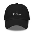 Black baseball cap with embroidered “F.H.L.” on the front