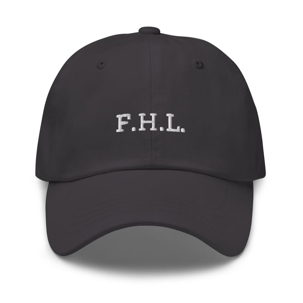 Dark grey baseball cap with embroidered “F.H.L.” on the front