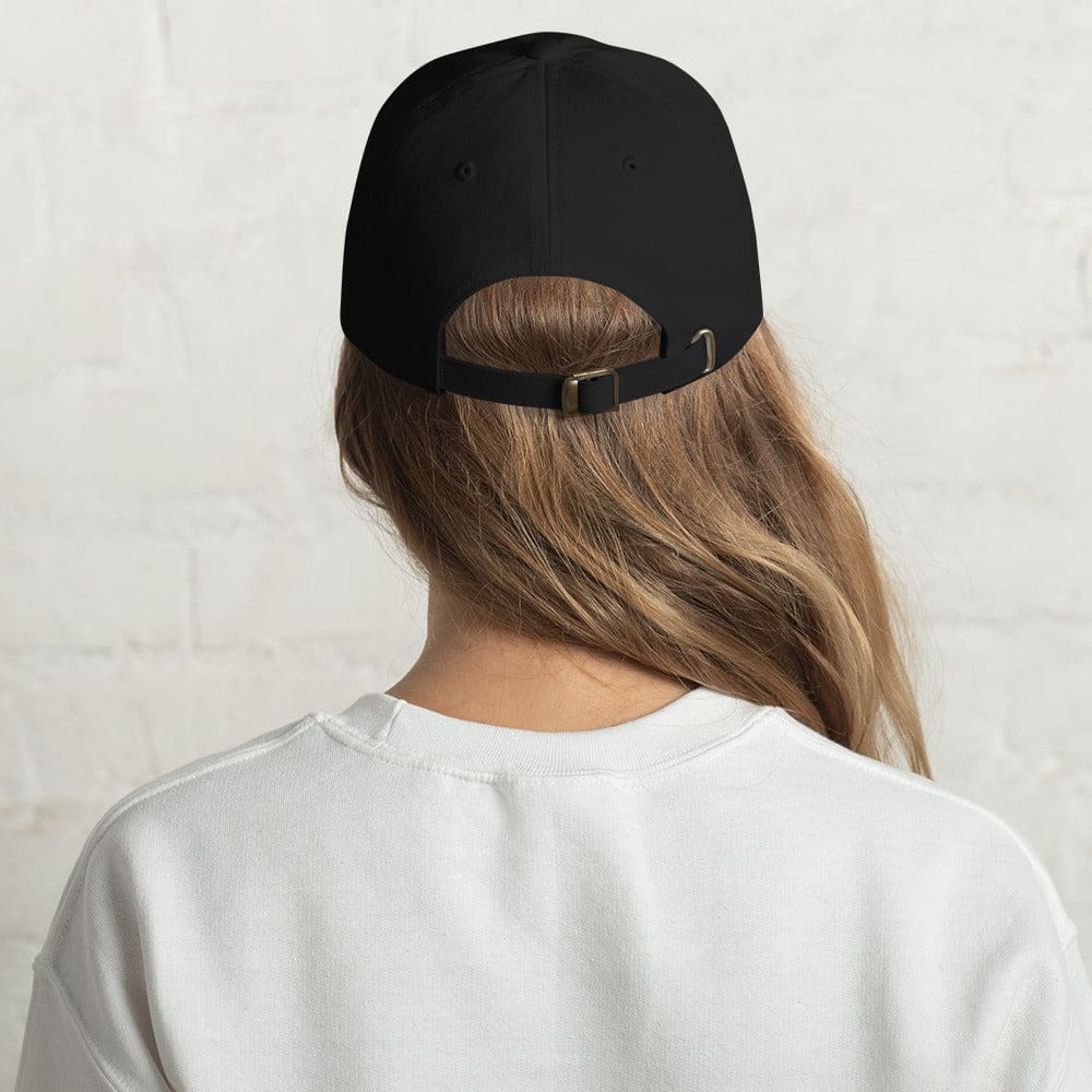 Black baseball cap with back strap and embroidered “F.H.L.” on front