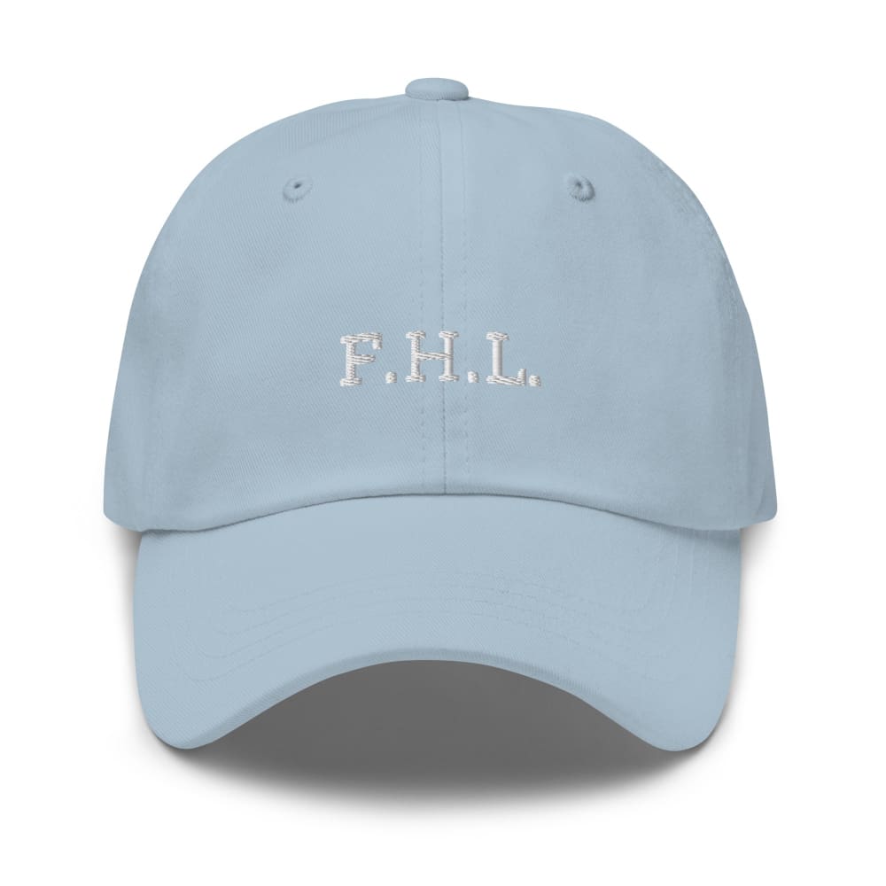 Light blue baseball cap with embroidered “F.H.L.” on the front