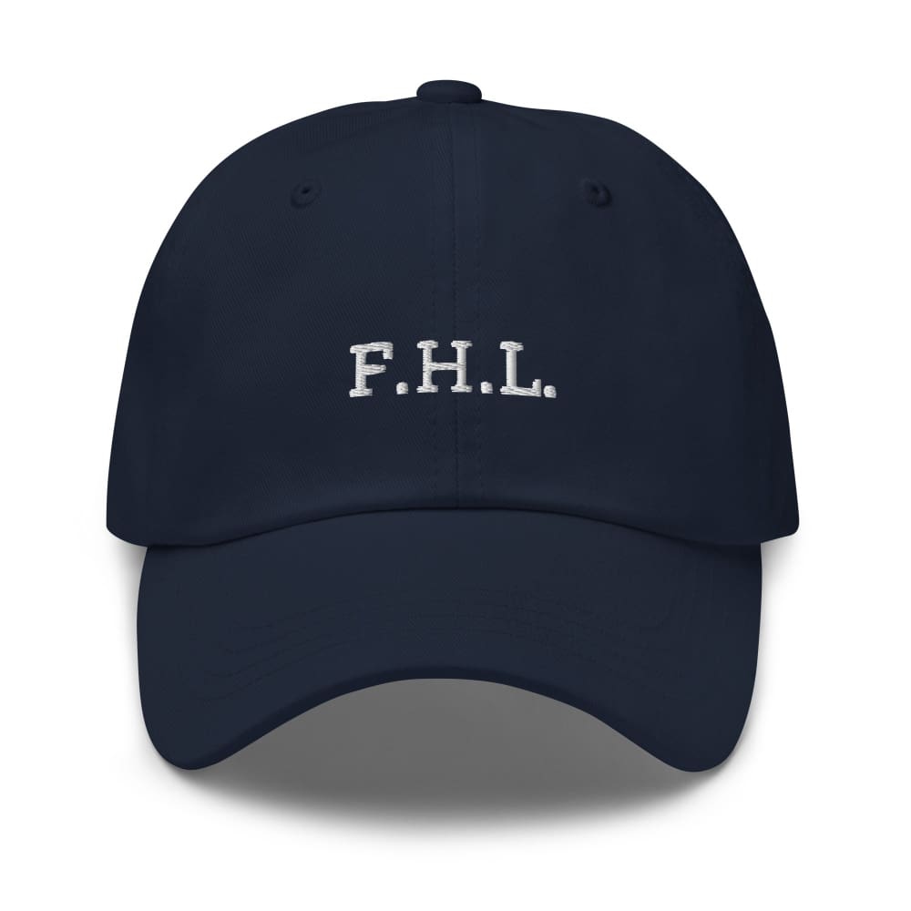 Navy baseball cap with embroidered “F.H.L.” on the front