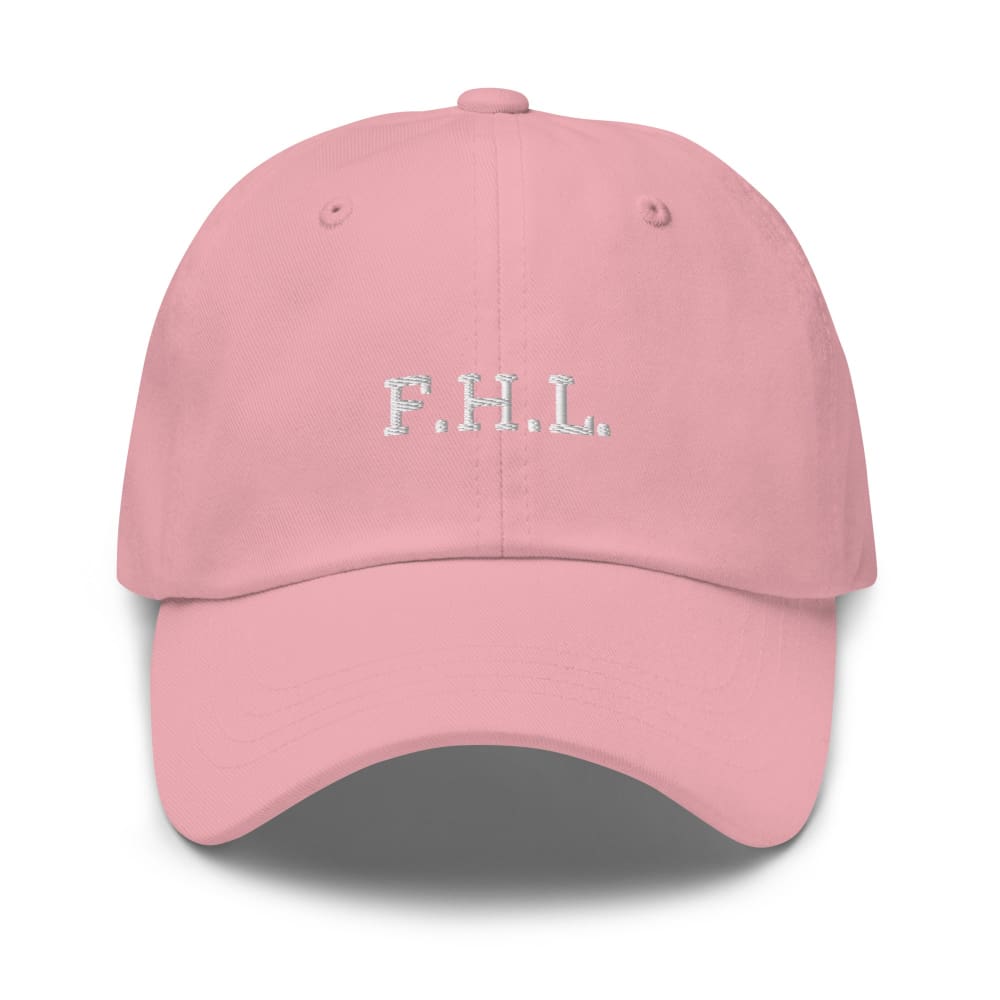 Pink baseball cap with embroidered “F.H.L.” on the front