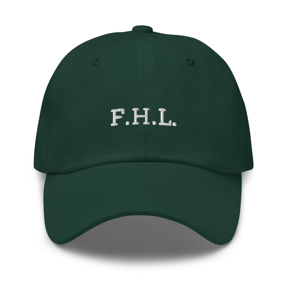 Spruce green baseball cap with embroidered “F.H.L.” on the front