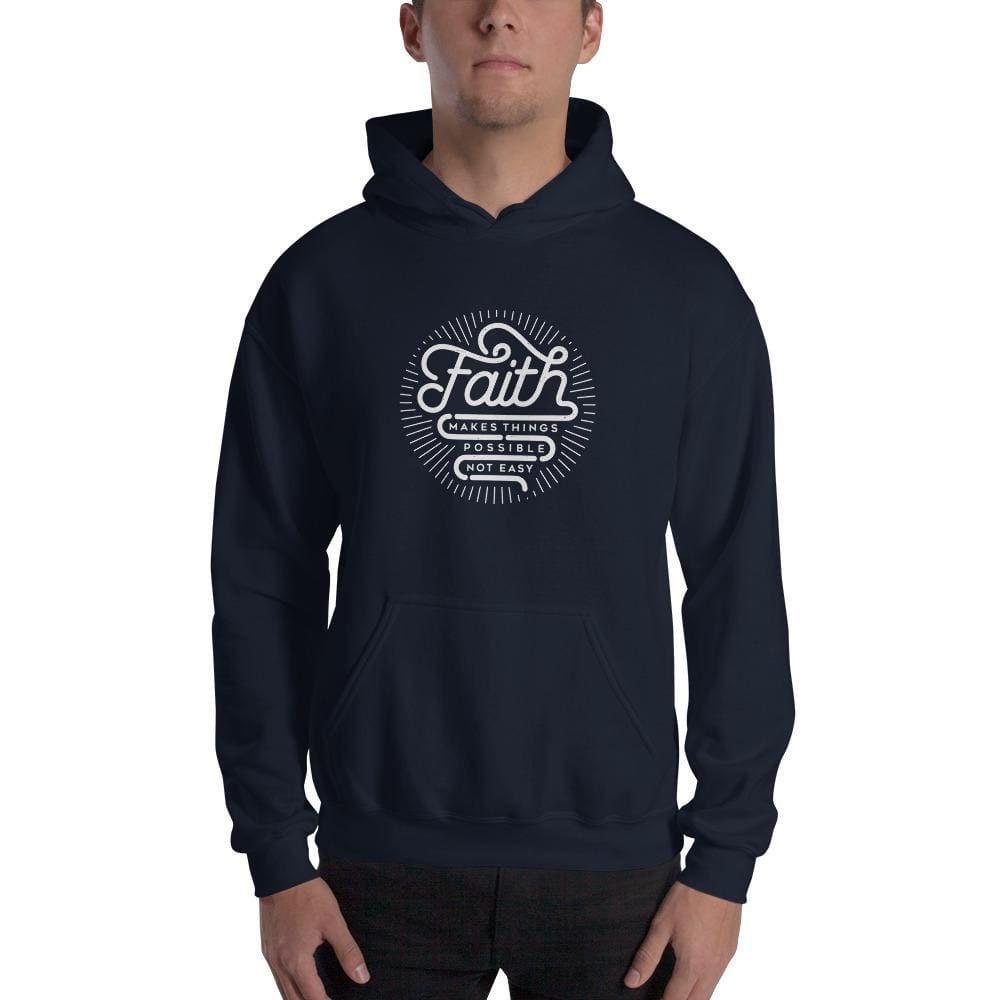 Navy Christian hoodie sweatshirt with front faith graphic and kangaroo pocket
