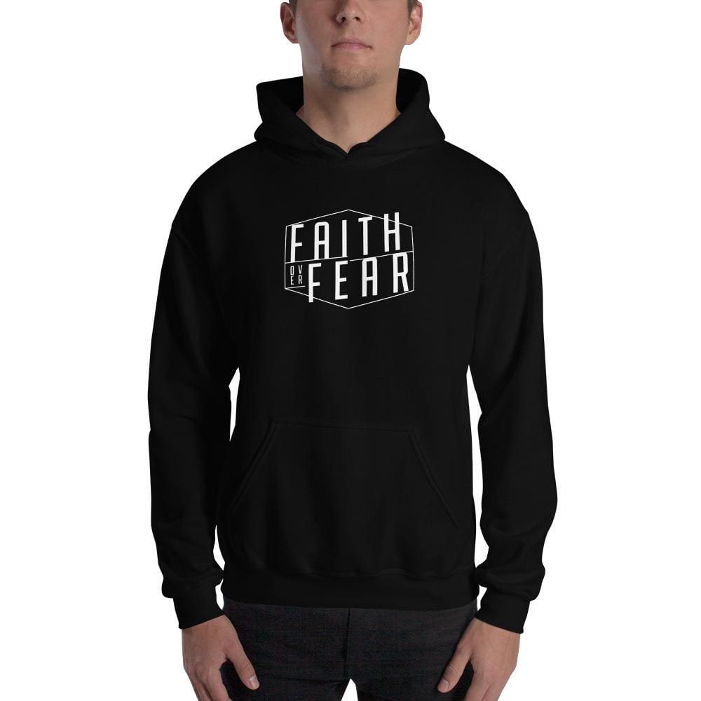 Black hoodie sweatshirt with front 'Faith over Fear' graphic and kangaroo pocket