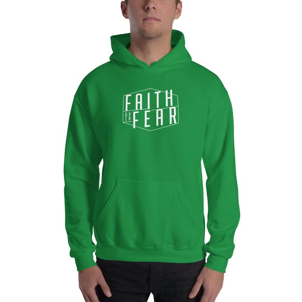 Irish green hoodie sweatshirt with front 'Faith over Fear' graphic and kangaroo pocket