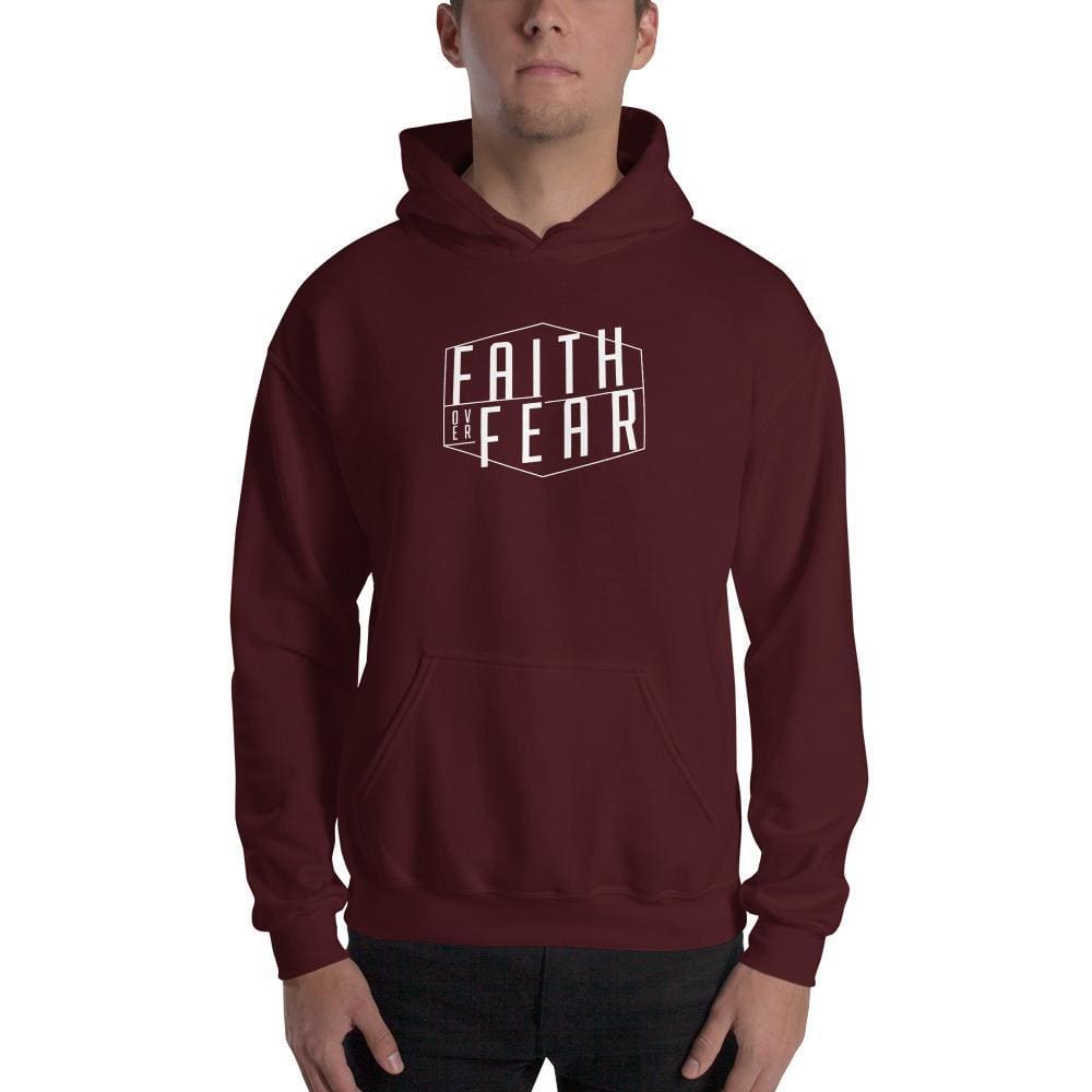 Maroon hoodie sweatshirt with front 'Faith over Fear' graphic and kangaroo pocket