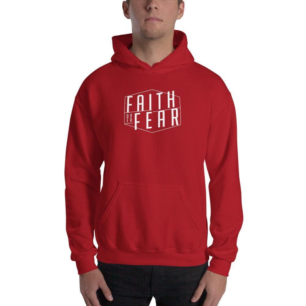 Red hoodie sweatshirt with front 'Faith over Fear' graphic and kangaroo pocket